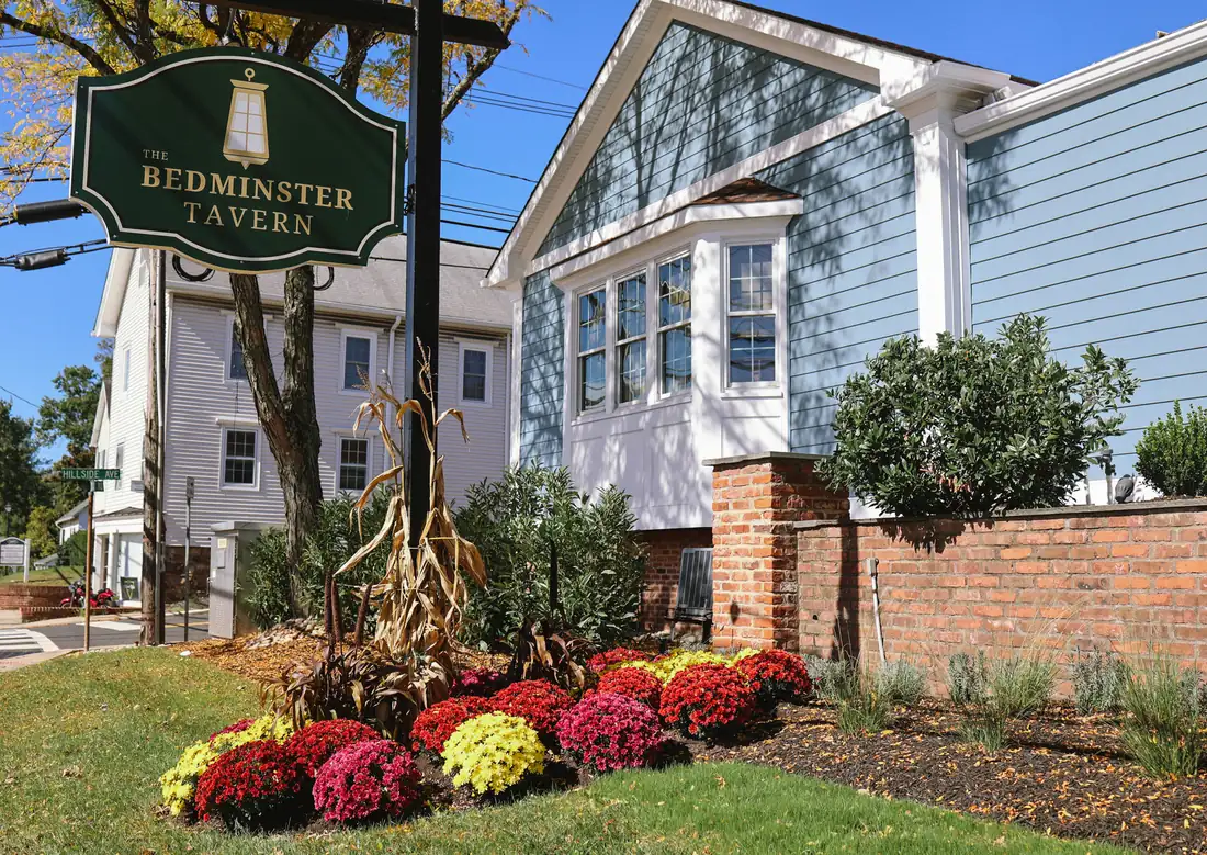 The Bedminster Tavern sign and exterior on Main Street, Bedminster.